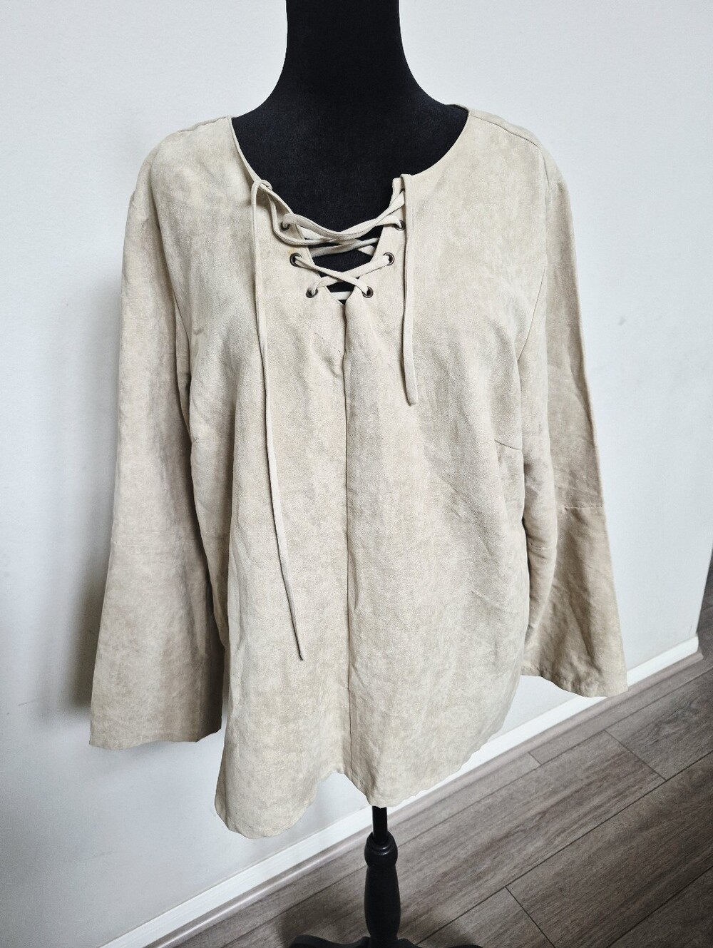 Carolina Colours Lace-Up V-Neck Long Sleeve Blouse - Cream